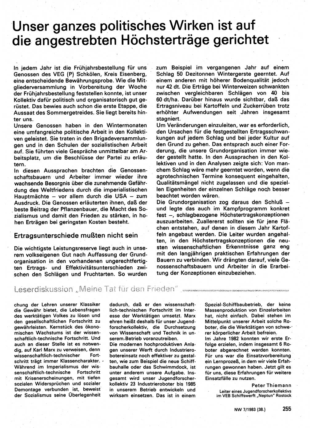 Neuer Weg (NW), Organ des Zentralkomitees (ZK) der SED (Sozialistische Einheitspartei Deutschlands) für Fragen des Parteilebens, 38. Jahrgang [Deutsche Demokratische Republik (DDR)] 1983, Seite 255 (NW ZK SED DDR 1983, S. 255)