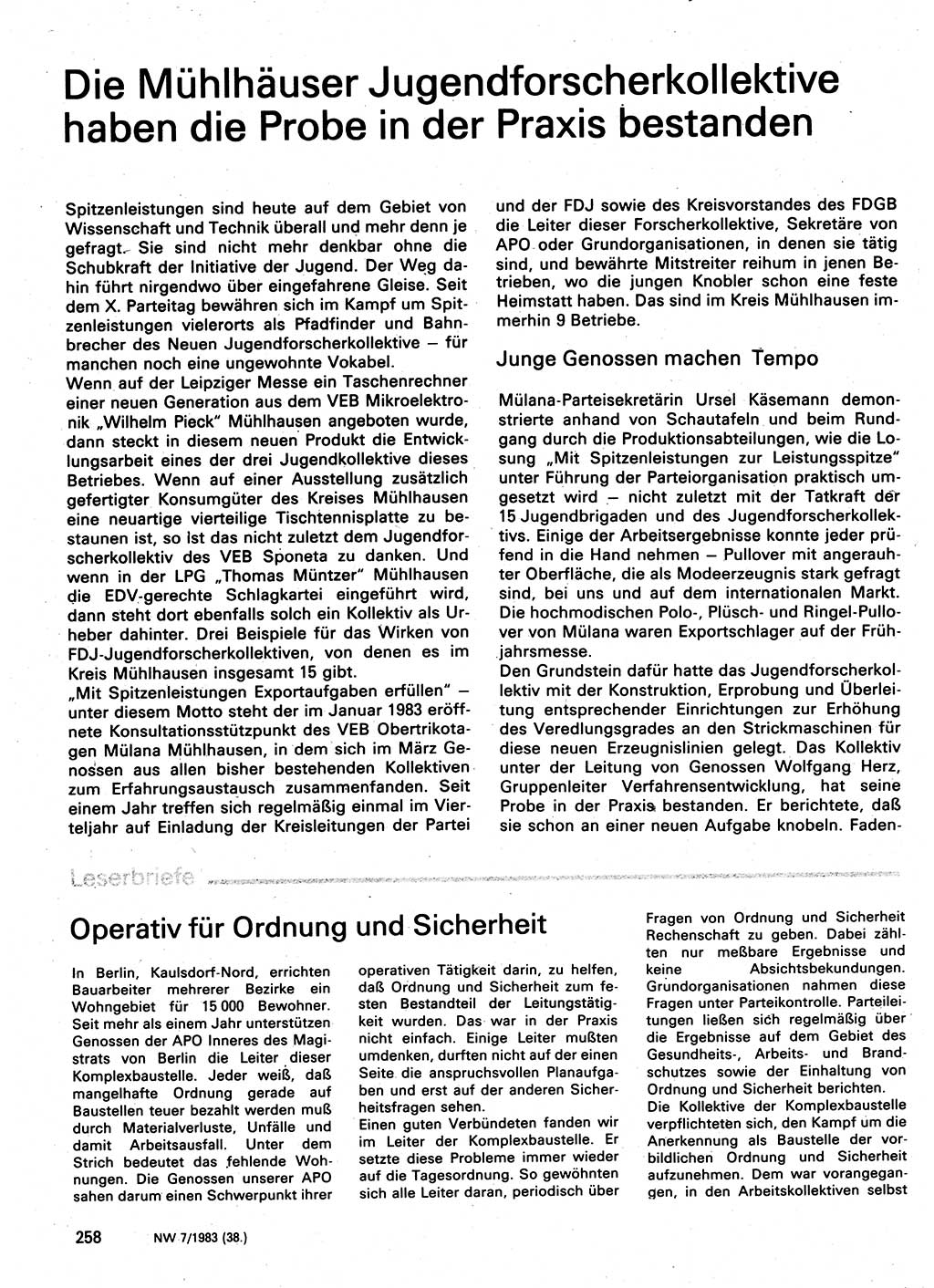 Neuer Weg (NW), Organ des Zentralkomitees (ZK) der SED (Sozialistische Einheitspartei Deutschlands) für Fragen des Parteilebens, 38. Jahrgang [Deutsche Demokratische Republik (DDR)] 1983, Seite 258 (NW ZK SED DDR 1983, S. 258)