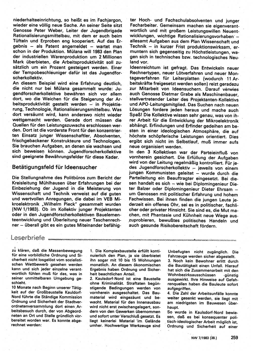 Neuer Weg (NW), Organ des Zentralkomitees (ZK) der SED (Sozialistische Einheitspartei Deutschlands) für Fragen des Parteilebens, 38. Jahrgang [Deutsche Demokratische Republik (DDR)] 1983, Seite 259 (NW ZK SED DDR 1983, S. 259)