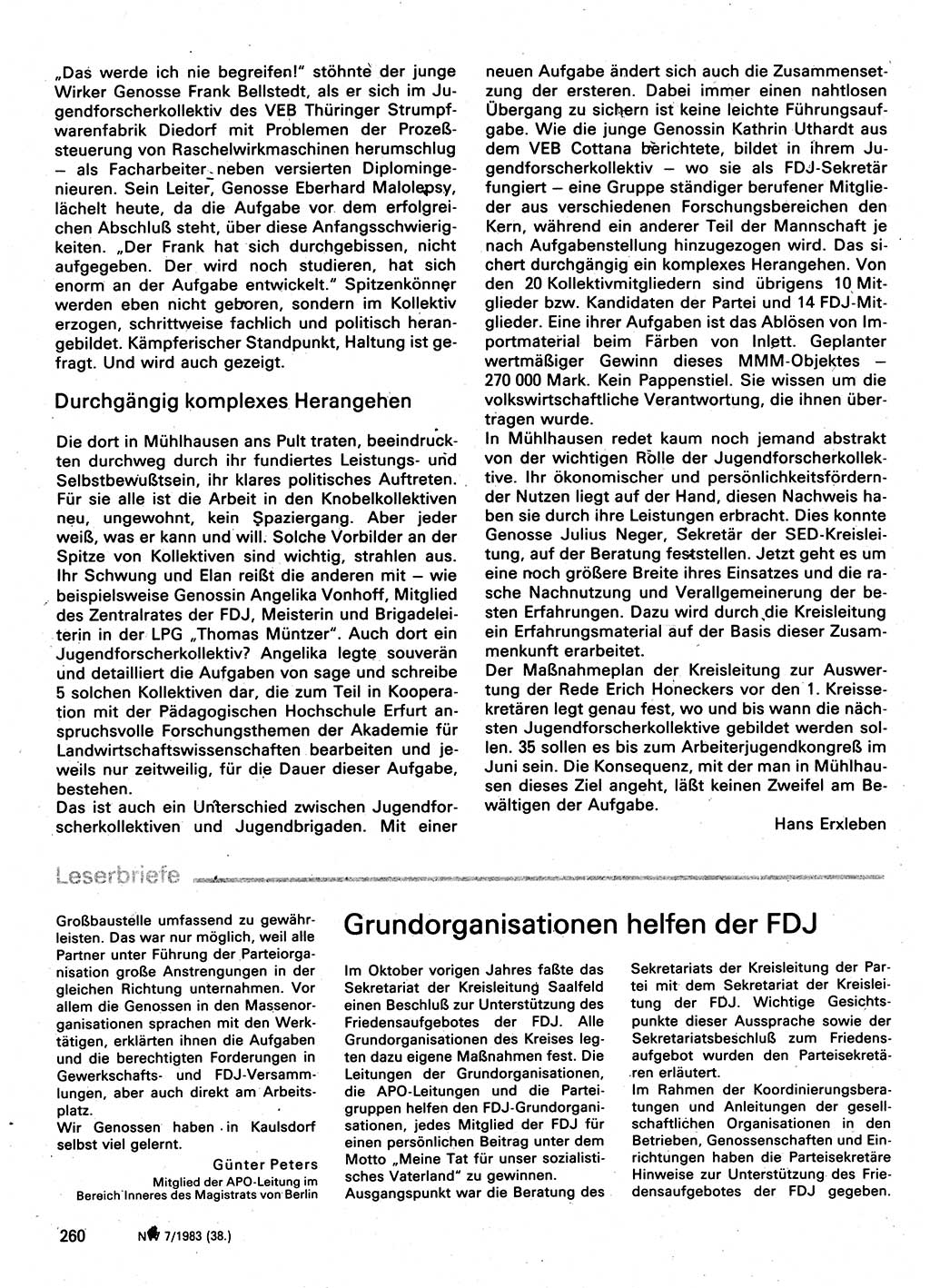 Neuer Weg (NW), Organ des Zentralkomitees (ZK) der SED (Sozialistische Einheitspartei Deutschlands) für Fragen des Parteilebens, 38. Jahrgang [Deutsche Demokratische Republik (DDR)] 1983, Seite 260 (NW ZK SED DDR 1983, S. 260)