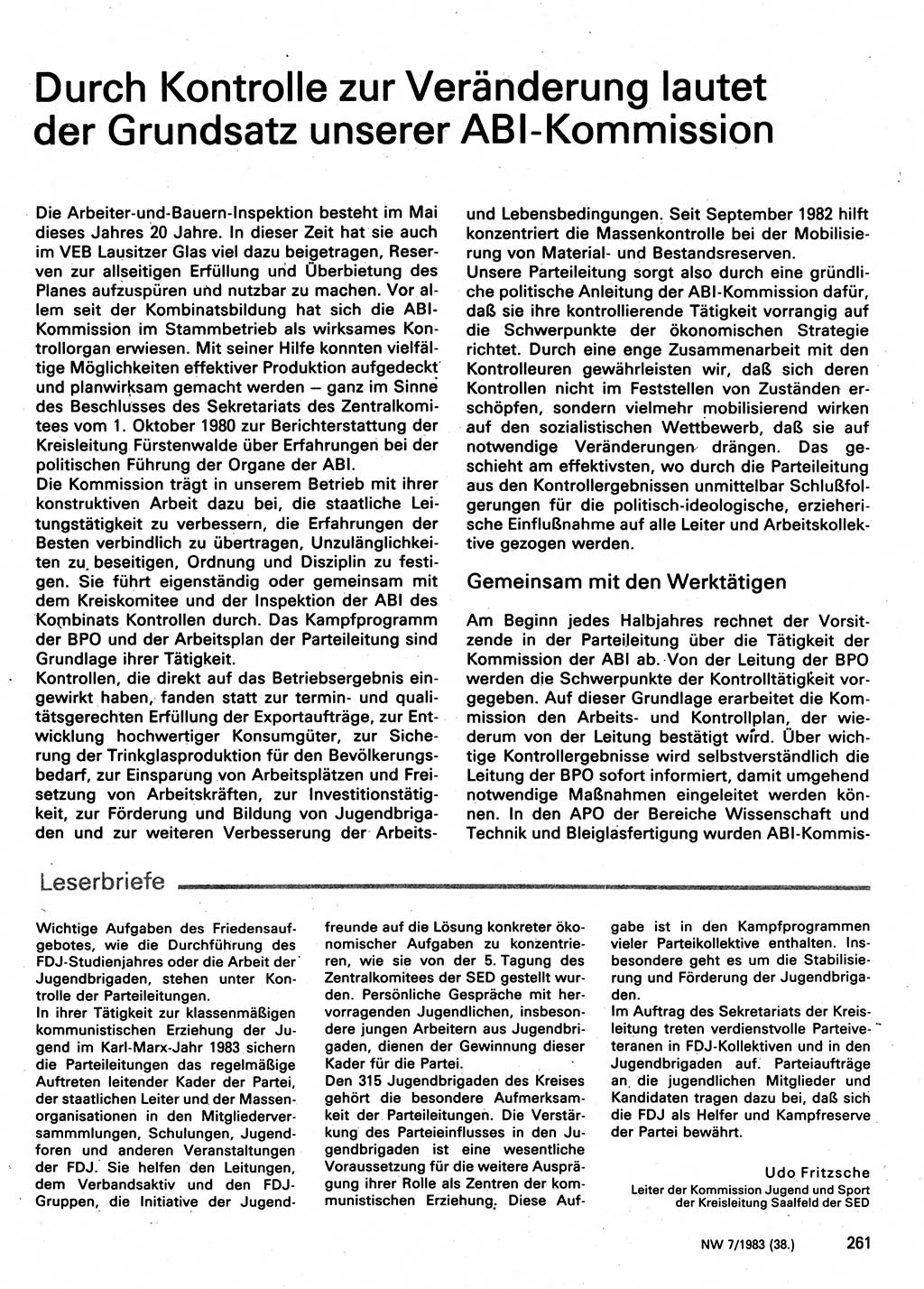 Neuer Weg (NW), Organ des Zentralkomitees (ZK) der SED (Sozialistische Einheitspartei Deutschlands) für Fragen des Parteilebens, 38. Jahrgang [Deutsche Demokratische Republik (DDR)] 1983, Seite 261 (NW ZK SED DDR 1983, S. 261)