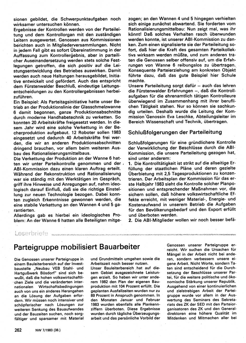 Neuer Weg (NW), Organ des Zentralkomitees (ZK) der SED (Sozialistische Einheitspartei Deutschlands) für Fragen des Parteilebens, 38. Jahrgang [Deutsche Demokratische Republik (DDR)] 1983, Seite 262 (NW ZK SED DDR 1983, S. 262)