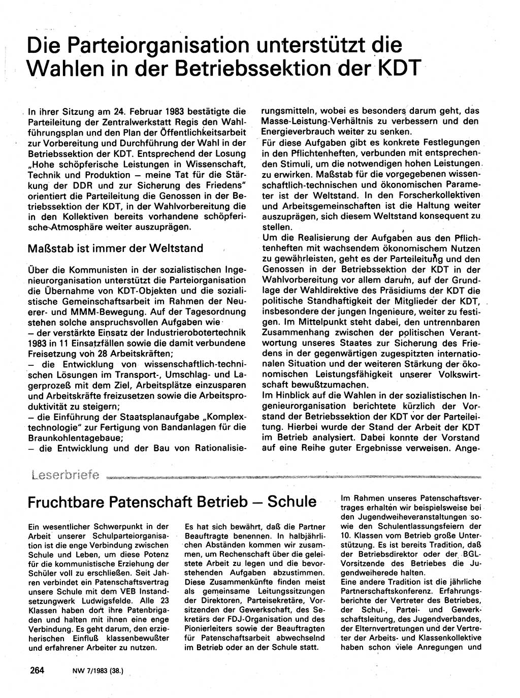 Neuer Weg (NW), Organ des Zentralkomitees (ZK) der SED (Sozialistische Einheitspartei Deutschlands) für Fragen des Parteilebens, 38. Jahrgang [Deutsche Demokratische Republik (DDR)] 1983, Seite 264 (NW ZK SED DDR 1983, S. 264)