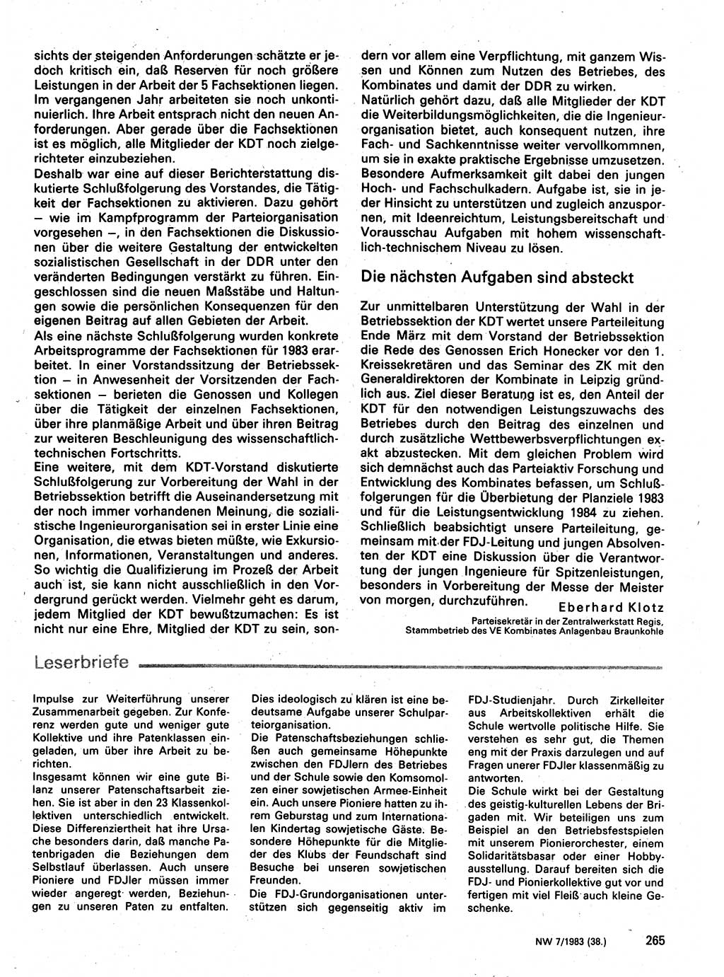 Neuer Weg (NW), Organ des Zentralkomitees (ZK) der SED (Sozialistische Einheitspartei Deutschlands) für Fragen des Parteilebens, 38. Jahrgang [Deutsche Demokratische Republik (DDR)] 1983, Seite 265 (NW ZK SED DDR 1983, S. 265)