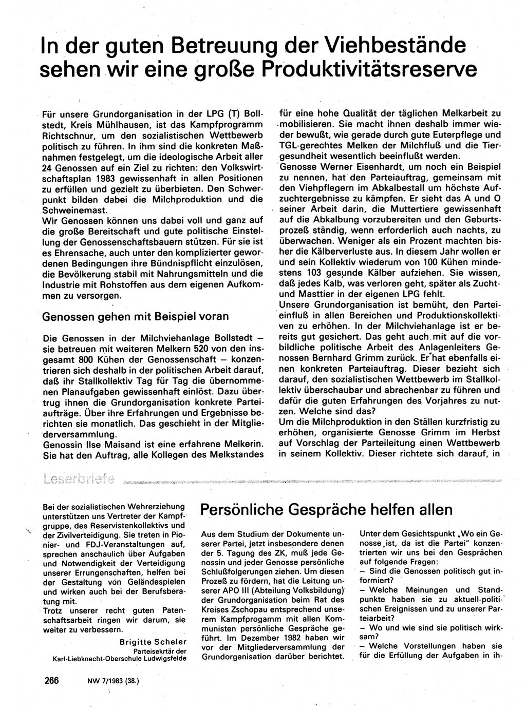 Neuer Weg (NW), Organ des Zentralkomitees (ZK) der SED (Sozialistische Einheitspartei Deutschlands) für Fragen des Parteilebens, 38. Jahrgang [Deutsche Demokratische Republik (DDR)] 1983, Seite 266 (NW ZK SED DDR 1983, S. 266)