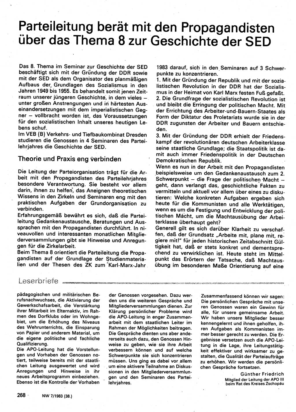 Neuer Weg (NW), Organ des Zentralkomitees (ZK) der SED (Sozialistische Einheitspartei Deutschlands) für Fragen des Parteilebens, 38. Jahrgang [Deutsche Demokratische Republik (DDR)] 1983, Seite 268 (NW ZK SED DDR 1983, S. 268)