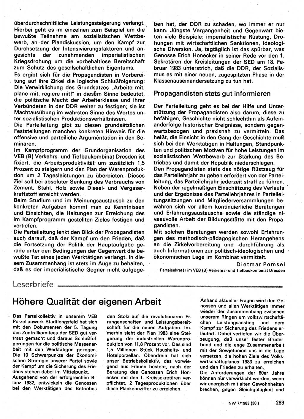 Neuer Weg (NW), Organ des Zentralkomitees (ZK) der SED (Sozialistische Einheitspartei Deutschlands) für Fragen des Parteilebens, 38. Jahrgang [Deutsche Demokratische Republik (DDR)] 1983, Seite 269 (NW ZK SED DDR 1983, S. 269)