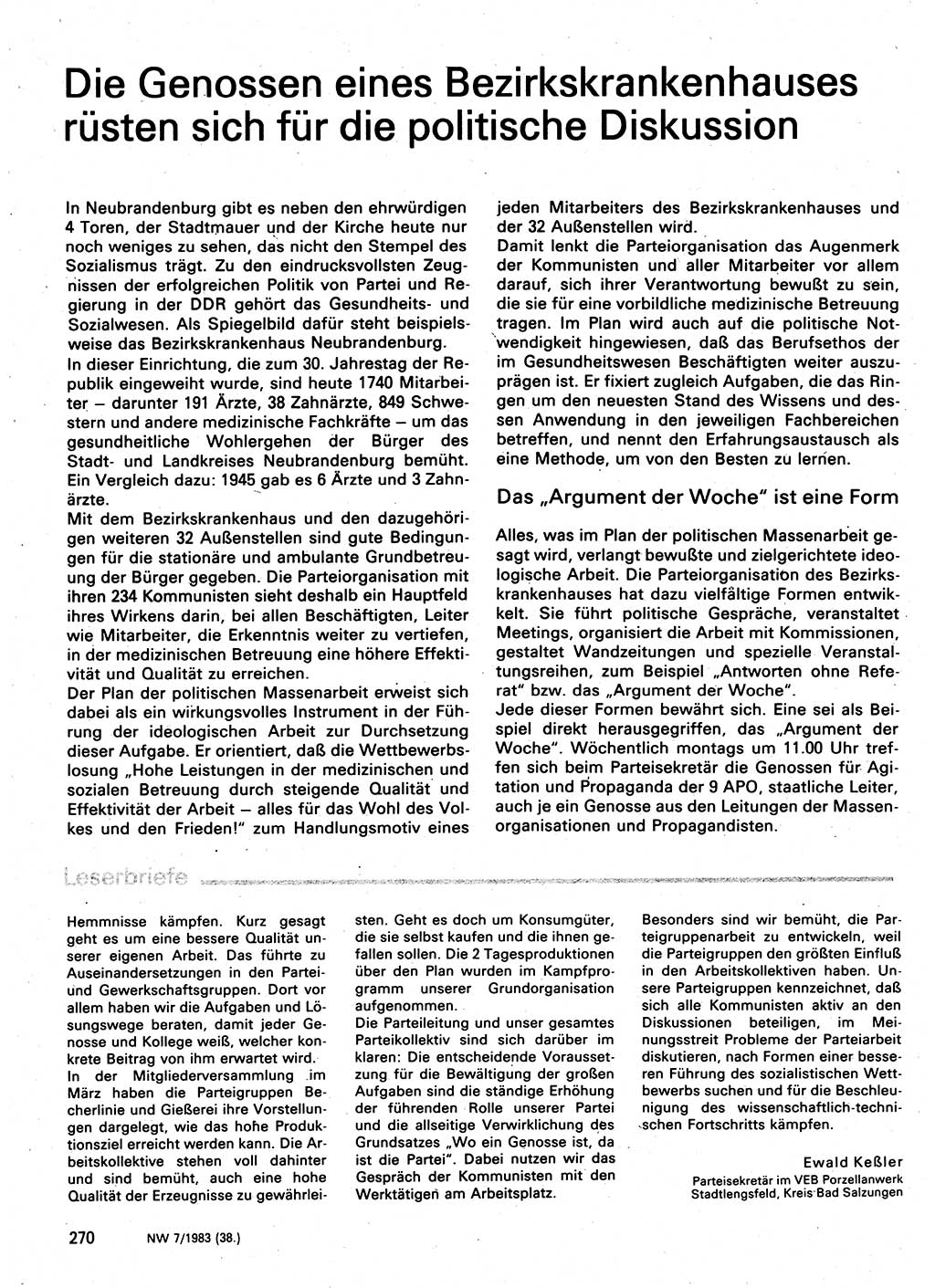 Neuer Weg (NW), Organ des Zentralkomitees (ZK) der SED (Sozialistische Einheitspartei Deutschlands) für Fragen des Parteilebens, 38. Jahrgang [Deutsche Demokratische Republik (DDR)] 1983, Seite 270 (NW ZK SED DDR 1983, S. 270)