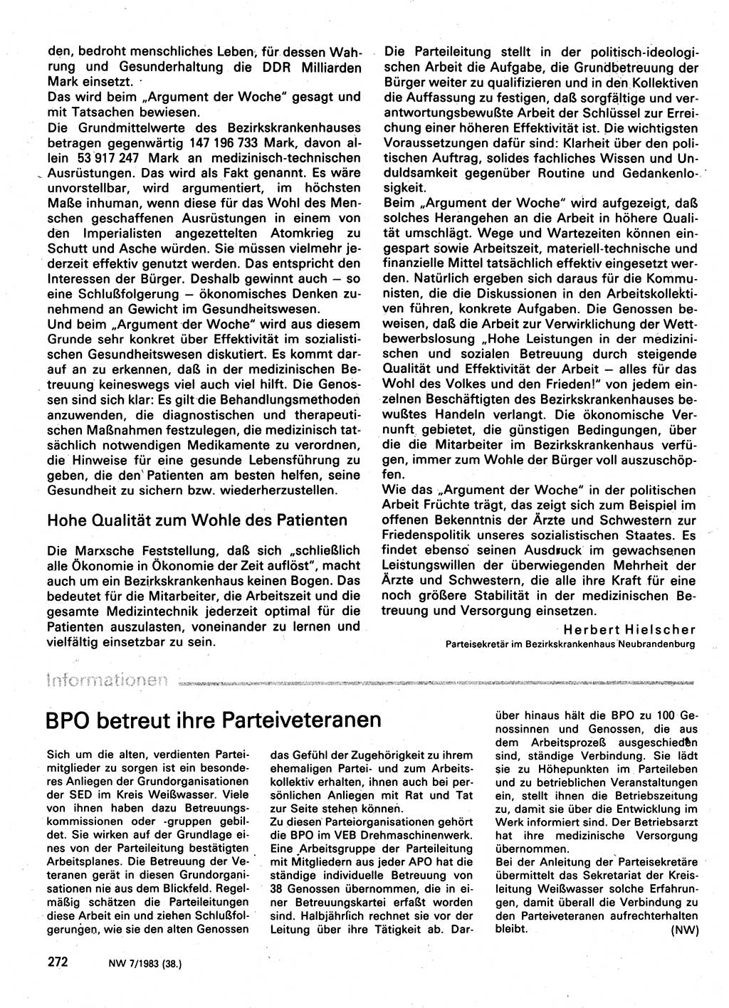 Neuer Weg (NW), Organ des Zentralkomitees (ZK) der SED (Sozialistische Einheitspartei Deutschlands) für Fragen des Parteilebens, 38. Jahrgang [Deutsche Demokratische Republik (DDR)] 1983, Seite 272 (NW ZK SED DDR 1983, S. 272)