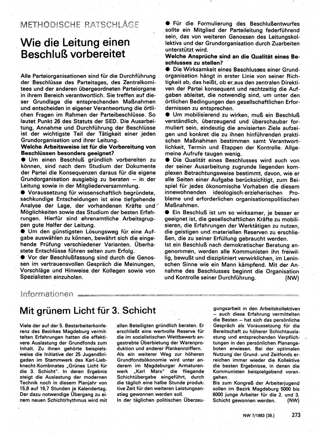 Neuer Weg (NW), Organ des Zentralkomitees (ZK) der SED (Sozialistische Einheitspartei Deutschlands) für Fragen des Parteilebens, 38. Jahrgang [Deutsche Demokratische Republik (DDR)] 1983, Seite 273 (NW ZK SED DDR 1983, S. 273)
