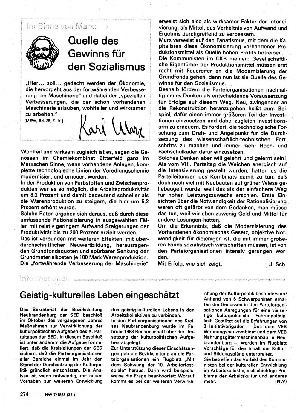 Neuer Weg (NW), Organ des Zentralkomitees (ZK) der SED (Sozialistische Einheitspartei Deutschlands) für Fragen des Parteilebens, 38. Jahrgang [Deutsche Demokratische Republik (DDR)] 1983, Seite 274 (NW ZK SED DDR 1983, S. 274)