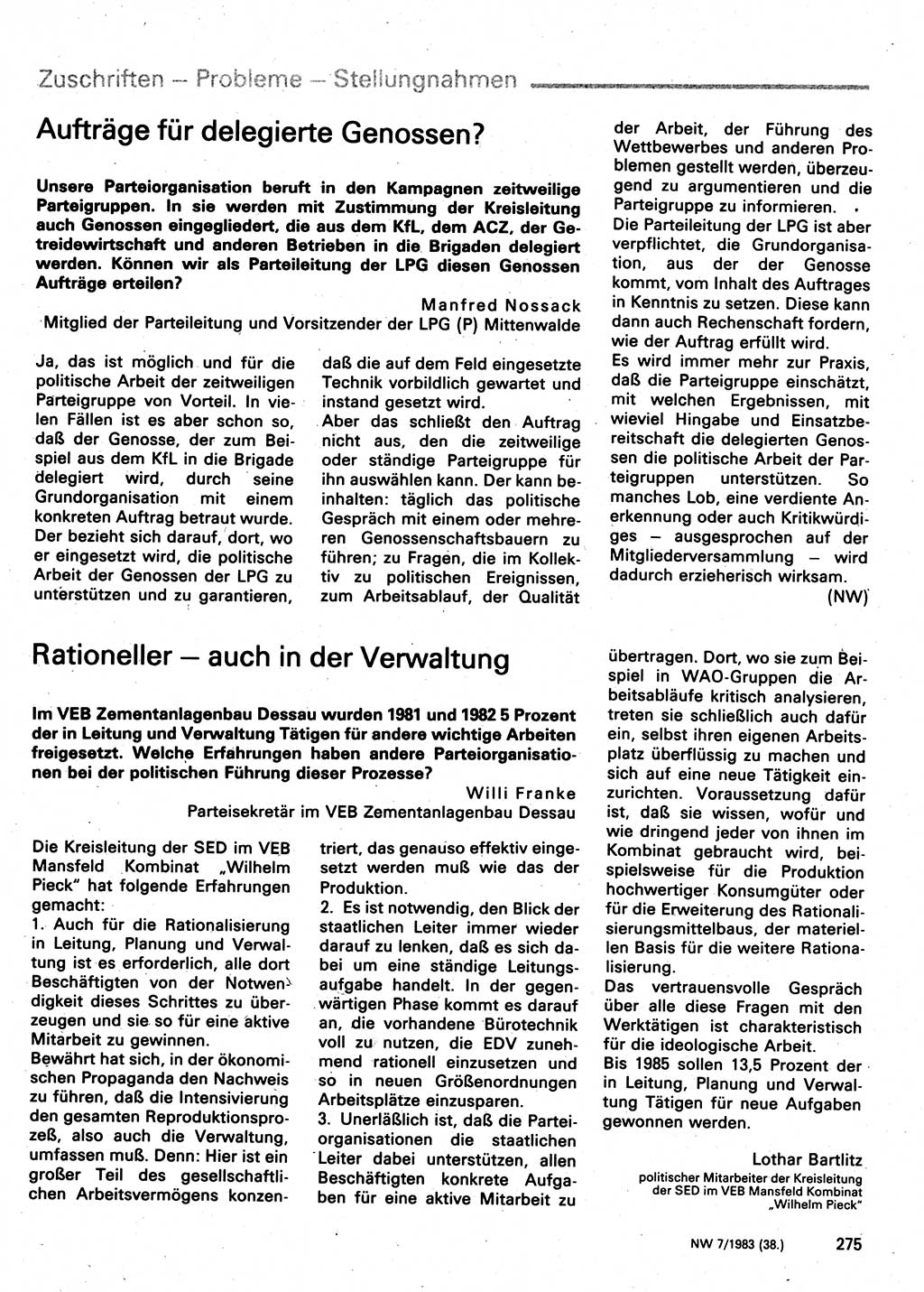 Neuer Weg (NW), Organ des Zentralkomitees (ZK) der SED (Sozialistische Einheitspartei Deutschlands) für Fragen des Parteilebens, 38. Jahrgang [Deutsche Demokratische Republik (DDR)] 1983, Seite 275 (NW ZK SED DDR 1983, S. 275)
