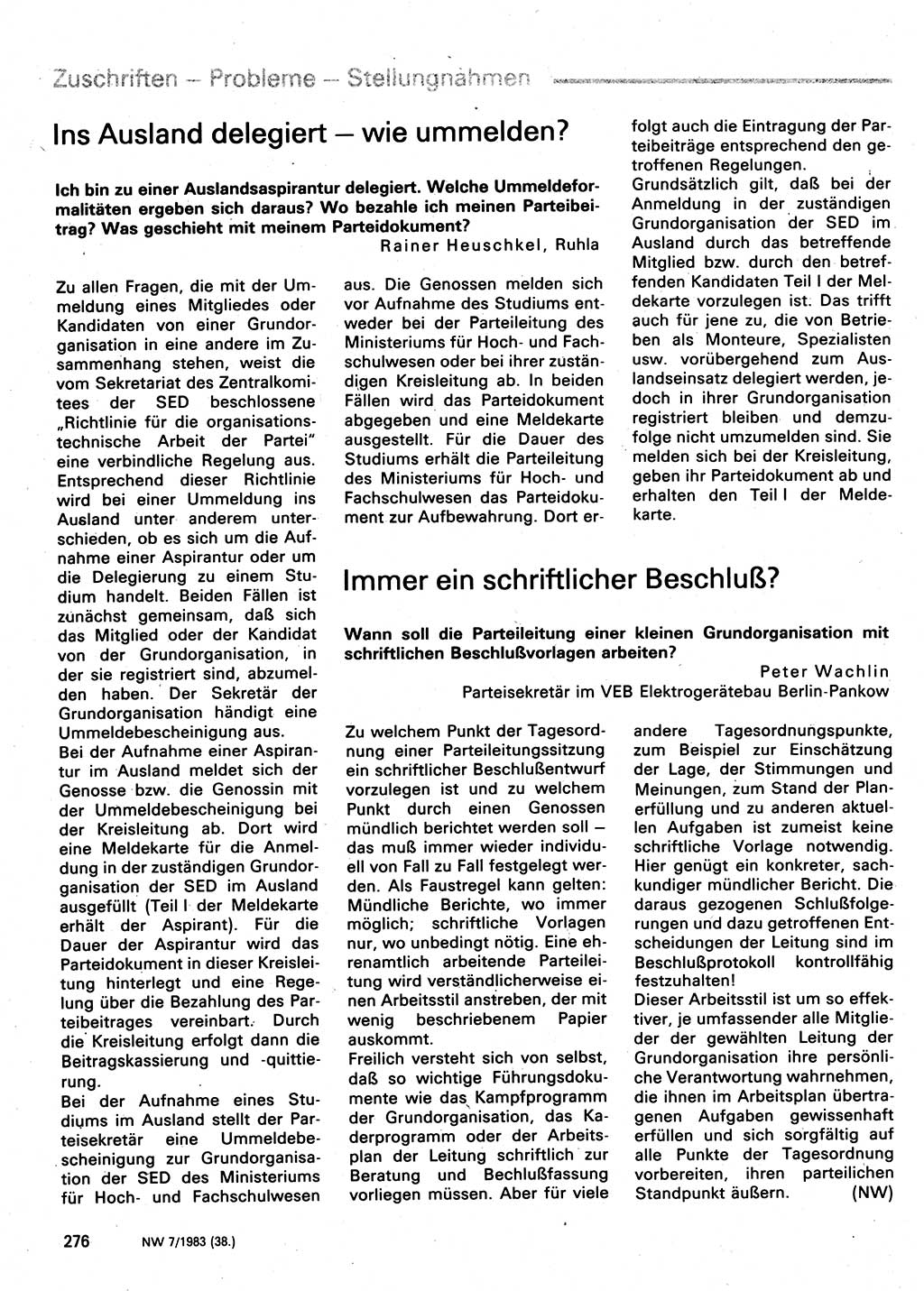 Neuer Weg (NW), Organ des Zentralkomitees (ZK) der SED (Sozialistische Einheitspartei Deutschlands) für Fragen des Parteilebens, 38. Jahrgang [Deutsche Demokratische Republik (DDR)] 1983, Seite 276 (NW ZK SED DDR 1983, S. 276)