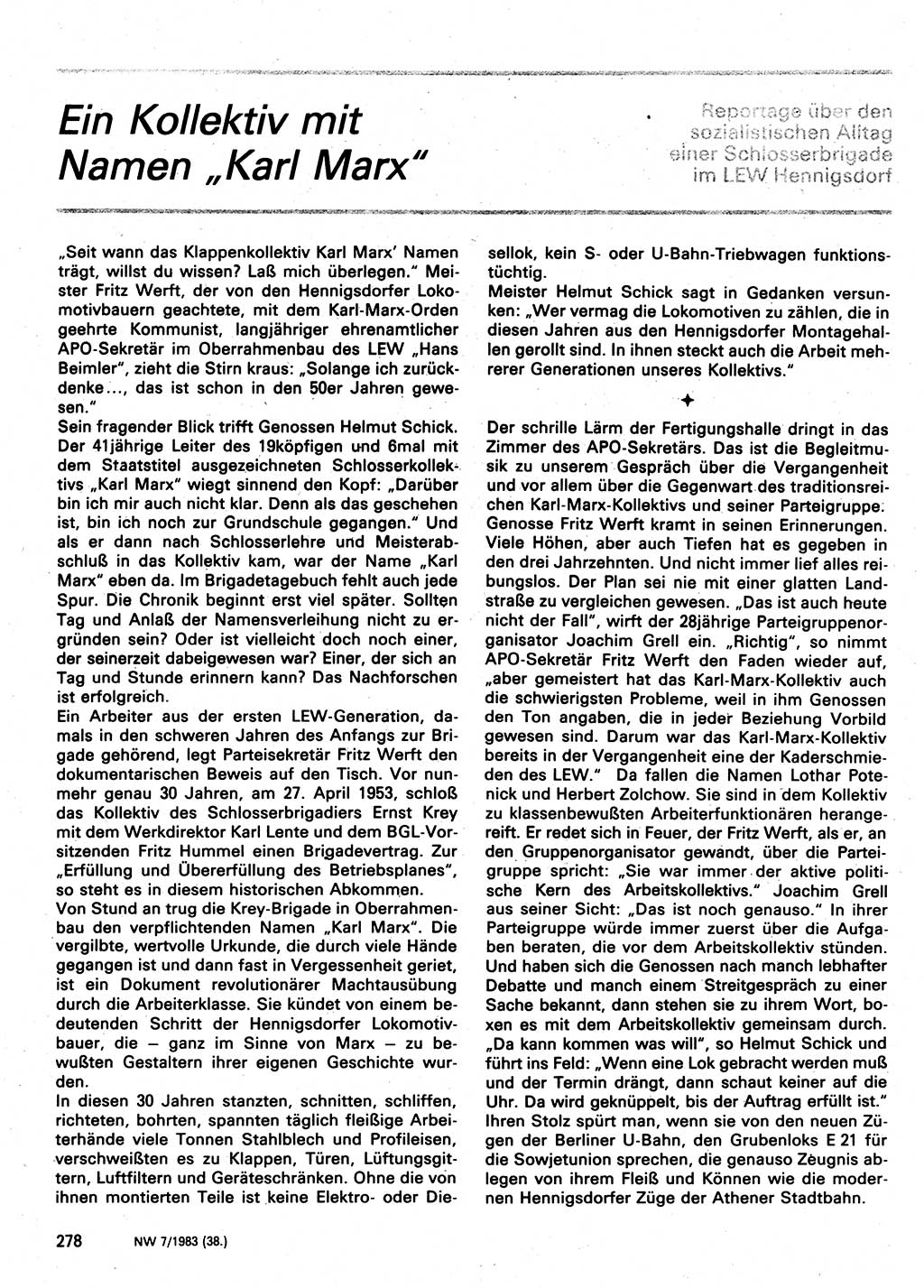 Neuer Weg (NW), Organ des Zentralkomitees (ZK) der SED (Sozialistische Einheitspartei Deutschlands) für Fragen des Parteilebens, 38. Jahrgang [Deutsche Demokratische Republik (DDR)] 1983, Seite 278 (NW ZK SED DDR 1983, S. 278)