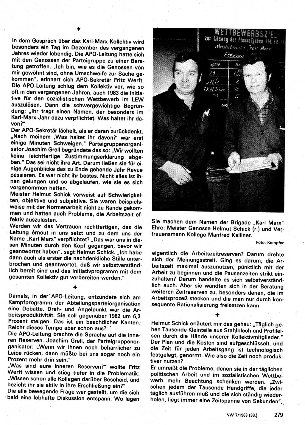 Neuer Weg (NW), Organ des Zentralkomitees (ZK) der SED (Sozialistische Einheitspartei Deutschlands) für Fragen des Parteilebens, 38. Jahrgang [Deutsche Demokratische Republik (DDR)] 1983, Seite 279 (NW ZK SED DDR 1983, S. 279)