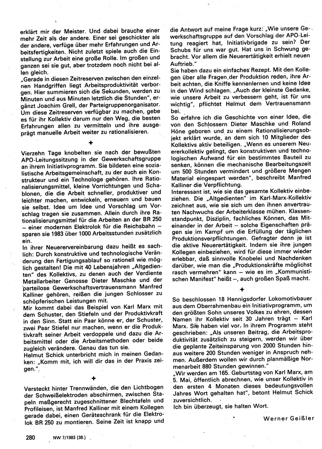Neuer Weg (NW), Organ des Zentralkomitees (ZK) der SED (Sozialistische Einheitspartei Deutschlands) für Fragen des Parteilebens, 38. Jahrgang [Deutsche Demokratische Republik (DDR)] 1983, Seite 280 (NW ZK SED DDR 1983, S. 280)