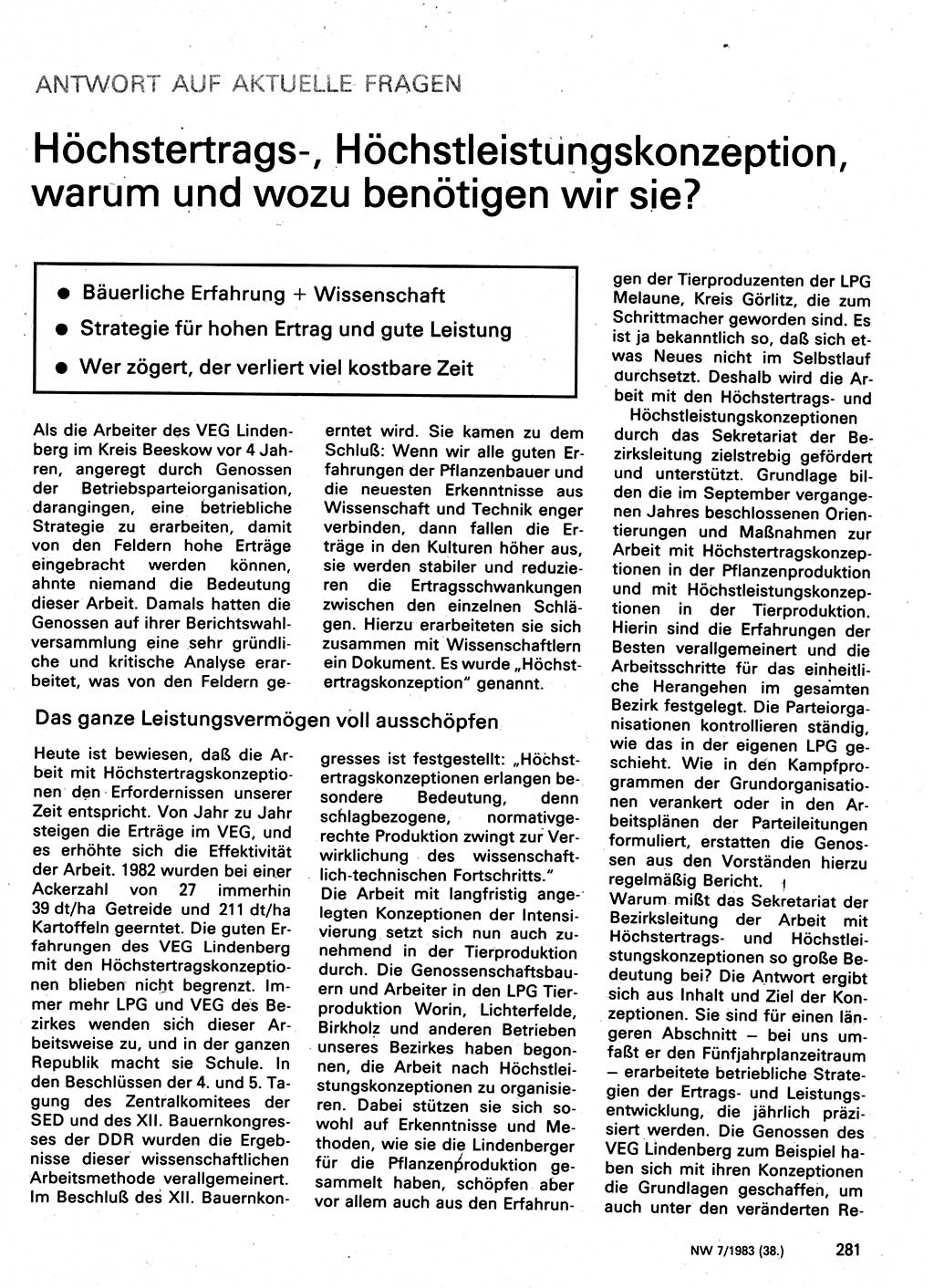 Neuer Weg (NW), Organ des Zentralkomitees (ZK) der SED (Sozialistische Einheitspartei Deutschlands) für Fragen des Parteilebens, 38. Jahrgang [Deutsche Demokratische Republik (DDR)] 1983, Seite 281 (NW ZK SED DDR 1983, S. 281)