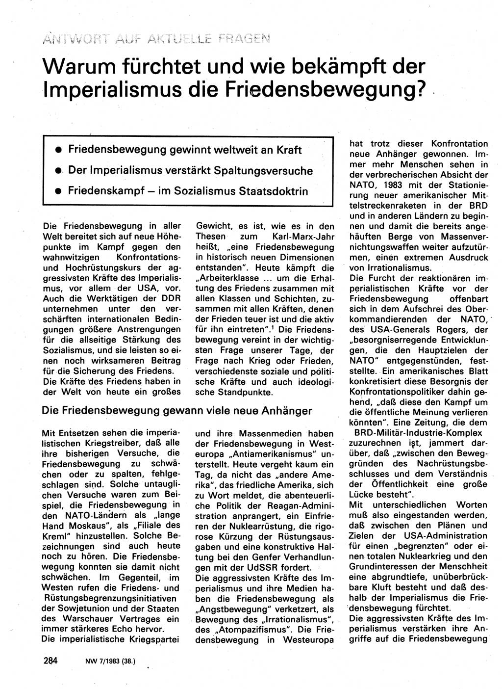 Neuer Weg (NW), Organ des Zentralkomitees (ZK) der SED (Sozialistische Einheitspartei Deutschlands) für Fragen des Parteilebens, 38. Jahrgang [Deutsche Demokratische Republik (DDR)] 1983, Seite 284 (NW ZK SED DDR 1983, S. 284)