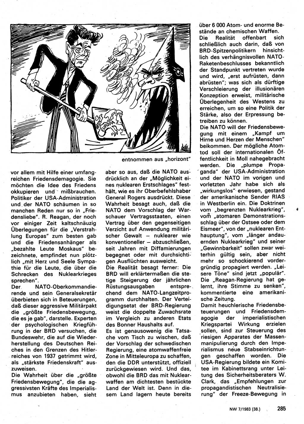 Neuer Weg (NW), Organ des Zentralkomitees (ZK) der SED (Sozialistische Einheitspartei Deutschlands) für Fragen des Parteilebens, 38. Jahrgang [Deutsche Demokratische Republik (DDR)] 1983, Seite 285 (NW ZK SED DDR 1983, S. 285)