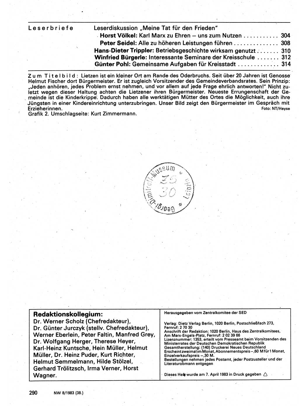 Neuer Weg (NW), Organ des Zentralkomitees (ZK) der SED (Sozialistische Einheitspartei Deutschlands) für Fragen des Parteilebens, 38. Jahrgang [Deutsche Demokratische Republik (DDR)] 1983, Seite 290 (NW ZK SED DDR 1983, S. 290)