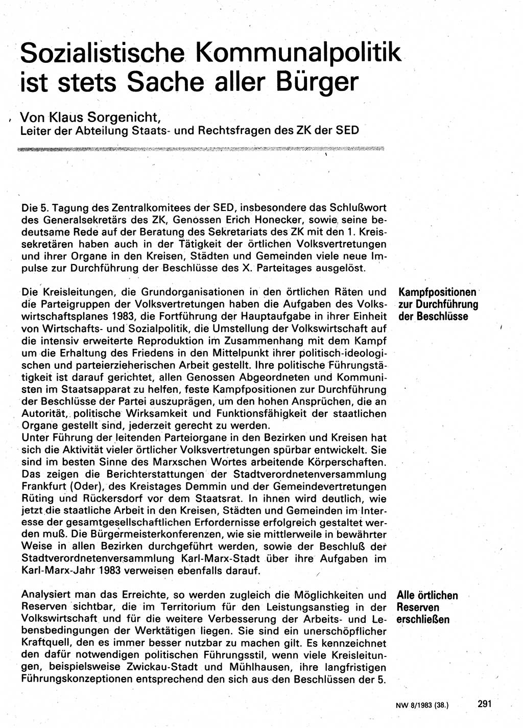 Neuer Weg (NW), Organ des Zentralkomitees (ZK) der SED (Sozialistische Einheitspartei Deutschlands) für Fragen des Parteilebens, 38. Jahrgang [Deutsche Demokratische Republik (DDR)] 1983, Seite 291 (NW ZK SED DDR 1983, S. 291)