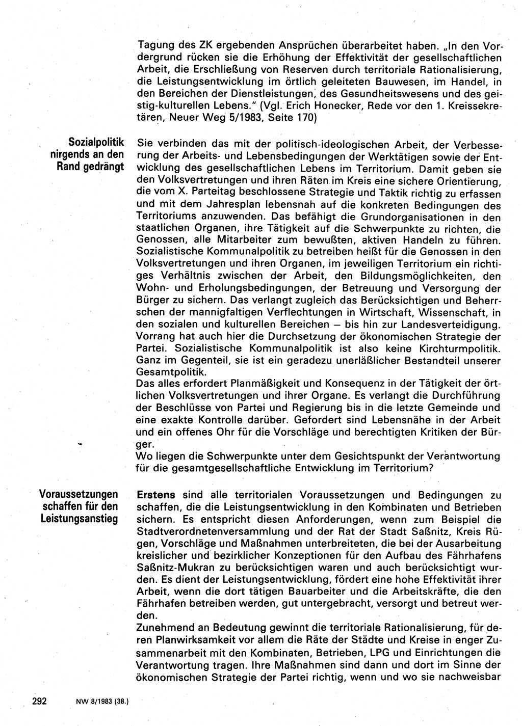 Neuer Weg (NW), Organ des Zentralkomitees (ZK) der SED (Sozialistische Einheitspartei Deutschlands) für Fragen des Parteilebens, 38. Jahrgang [Deutsche Demokratische Republik (DDR)] 1983, Seite 292 (NW ZK SED DDR 1983, S. 292)
