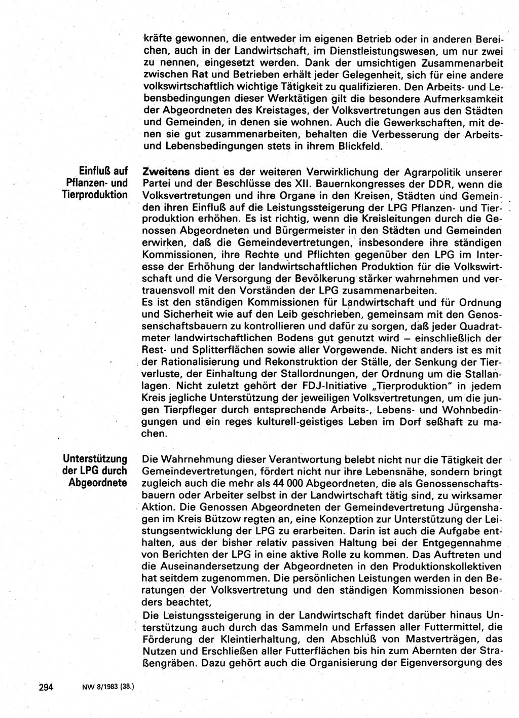 Neuer Weg (NW), Organ des Zentralkomitees (ZK) der SED (Sozialistische Einheitspartei Deutschlands) für Fragen des Parteilebens, 38. Jahrgang [Deutsche Demokratische Republik (DDR)] 1983, Seite 294 (NW ZK SED DDR 1983, S. 294)