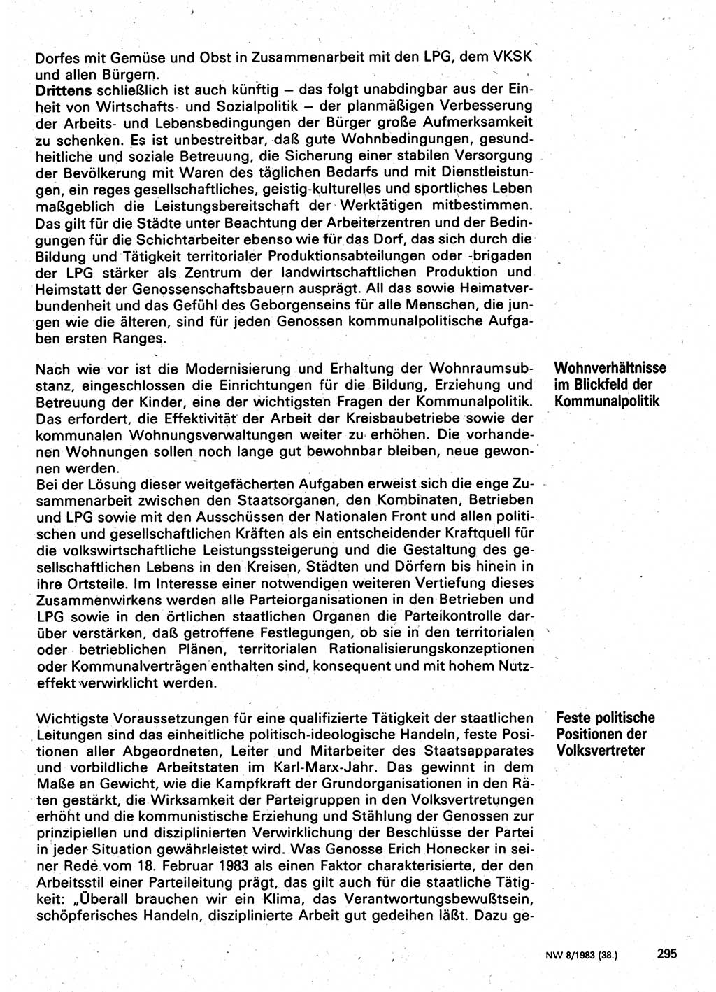 Neuer Weg (NW), Organ des Zentralkomitees (ZK) der SED (Sozialistische Einheitspartei Deutschlands) für Fragen des Parteilebens, 38. Jahrgang [Deutsche Demokratische Republik (DDR)] 1983, Seite 295 (NW ZK SED DDR 1983, S. 295)