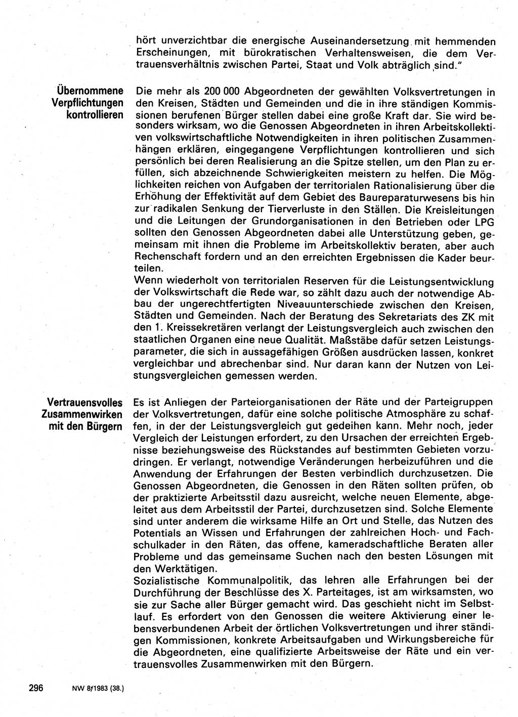 Neuer Weg (NW), Organ des Zentralkomitees (ZK) der SED (Sozialistische Einheitspartei Deutschlands) für Fragen des Parteilebens, 38. Jahrgang [Deutsche Demokratische Republik (DDR)] 1983, Seite 296 (NW ZK SED DDR 1983, S. 296)