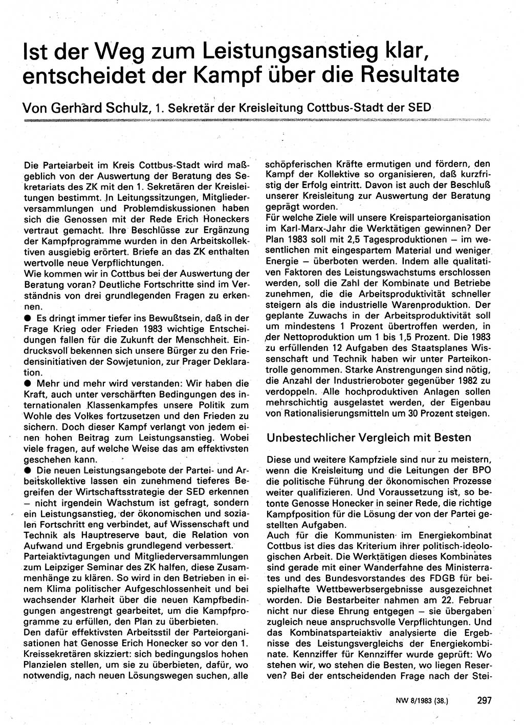 Neuer Weg (NW), Organ des Zentralkomitees (ZK) der SED (Sozialistische Einheitspartei Deutschlands) für Fragen des Parteilebens, 38. Jahrgang [Deutsche Demokratische Republik (DDR)] 1983, Seite 297 (NW ZK SED DDR 1983, S. 297)