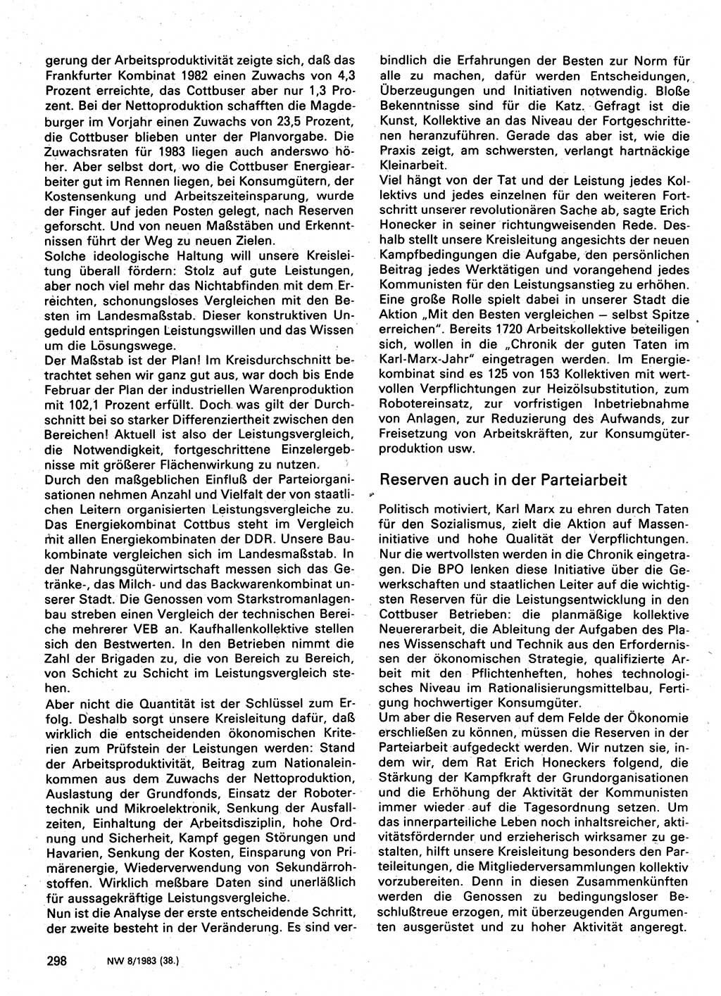 Neuer Weg (NW), Organ des Zentralkomitees (ZK) der SED (Sozialistische Einheitspartei Deutschlands) für Fragen des Parteilebens, 38. Jahrgang [Deutsche Demokratische Republik (DDR)] 1983, Seite 298 (NW ZK SED DDR 1983, S. 298)