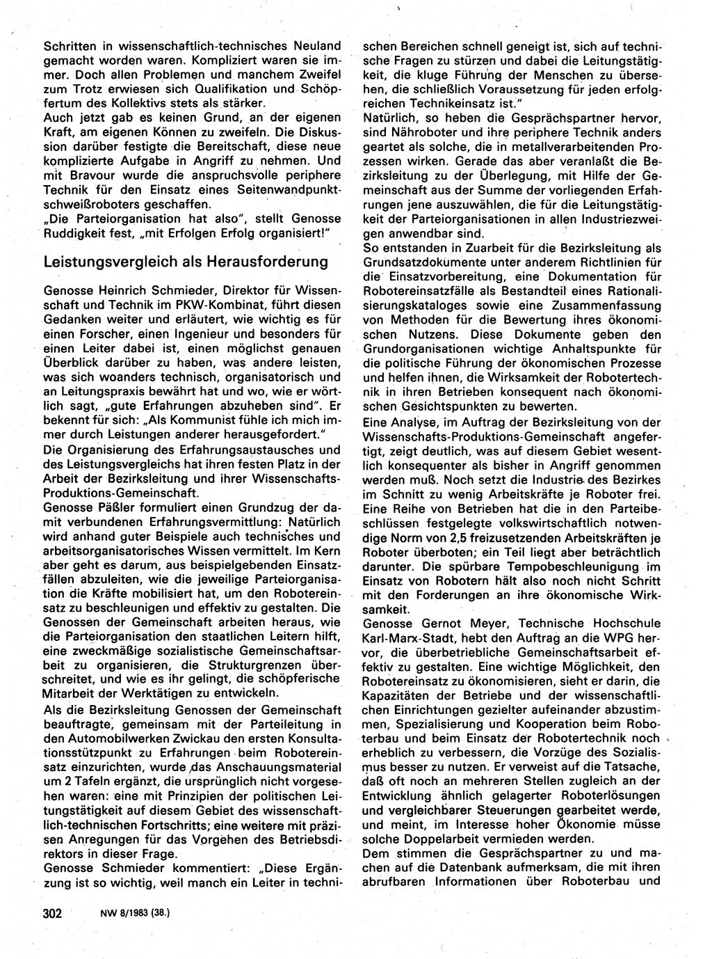 Neuer Weg (NW), Organ des Zentralkomitees (ZK) der SED (Sozialistische Einheitspartei Deutschlands) für Fragen des Parteilebens, 38. Jahrgang [Deutsche Demokratische Republik (DDR)] 1983, Seite 302 (NW ZK SED DDR 1983, S. 302)