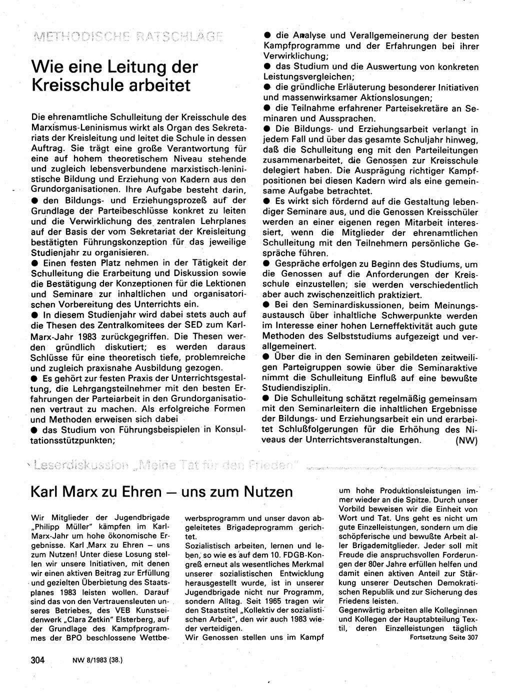 Neuer Weg (NW), Organ des Zentralkomitees (ZK) der SED (Sozialistische Einheitspartei Deutschlands) für Fragen des Parteilebens, 38. Jahrgang [Deutsche Demokratische Republik (DDR)] 1983, Seite 304 (NW ZK SED DDR 1983, S. 304)
