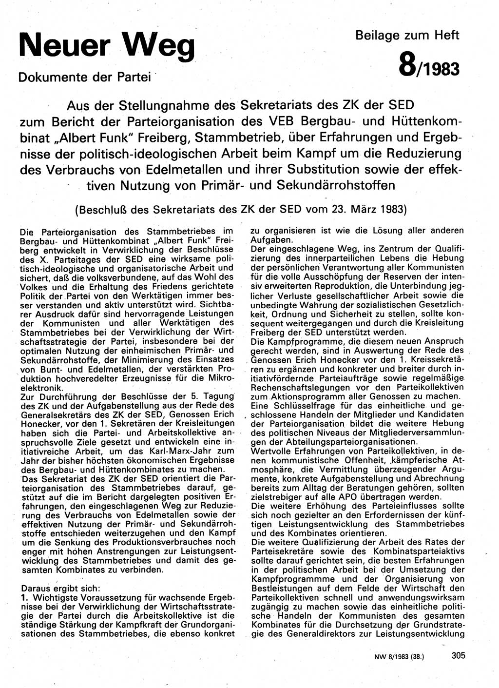 Neuer Weg (NW), Organ des Zentralkomitees (ZK) der SED (Sozialistische Einheitspartei Deutschlands) für Fragen des Parteilebens, 38. Jahrgang [Deutsche Demokratische Republik (DDR)] 1983, Seite 305 (NW ZK SED DDR 1983, S. 305)