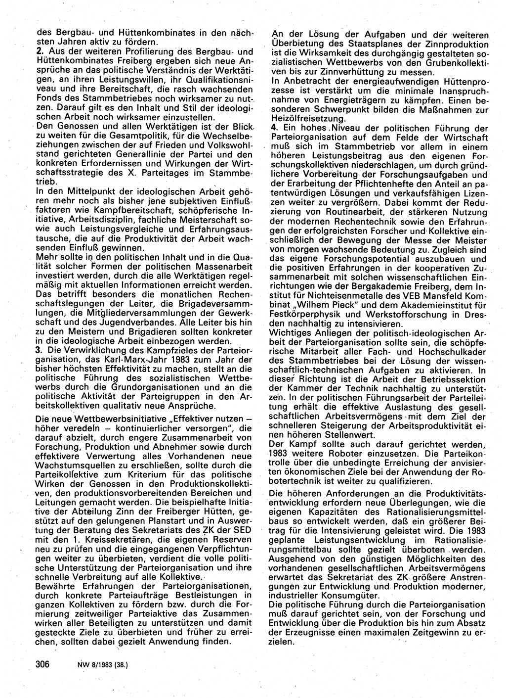 Neuer Weg (NW), Organ des Zentralkomitees (ZK) der SED (Sozialistische Einheitspartei Deutschlands) für Fragen des Parteilebens, 38. Jahrgang [Deutsche Demokratische Republik (DDR)] 1983, Seite 306 (NW ZK SED DDR 1983, S. 306)