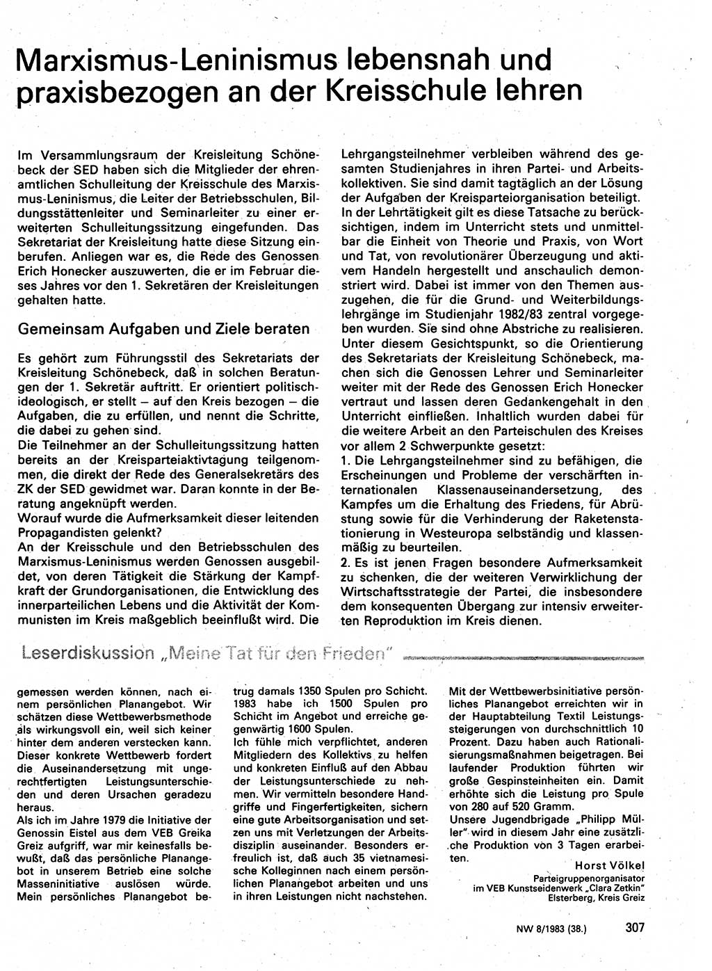 Neuer Weg (NW), Organ des Zentralkomitees (ZK) der SED (Sozialistische Einheitspartei Deutschlands) für Fragen des Parteilebens, 38. Jahrgang [Deutsche Demokratische Republik (DDR)] 1983, Seite 307 (NW ZK SED DDR 1983, S. 307)