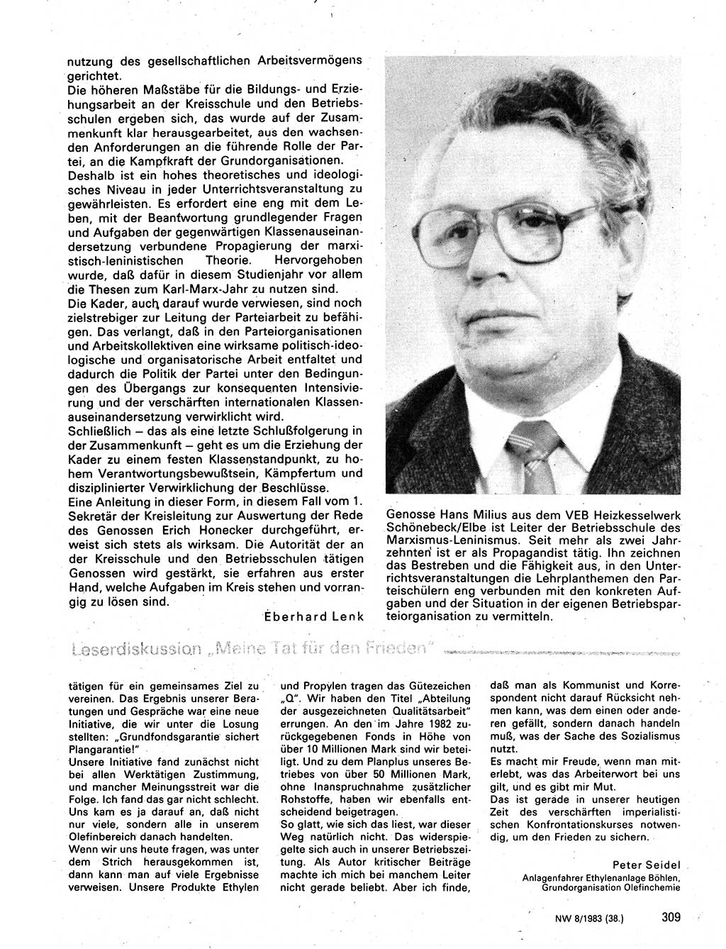 Neuer Weg (NW), Organ des Zentralkomitees (ZK) der SED (Sozialistische Einheitspartei Deutschlands) für Fragen des Parteilebens, 38. Jahrgang [Deutsche Demokratische Republik (DDR)] 1983, Seite 309 (NW ZK SED DDR 1983, S. 309)