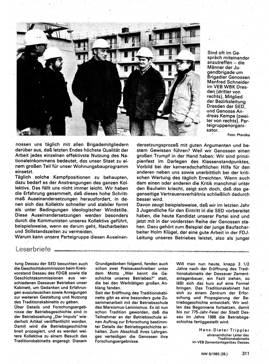 Neuer Weg (NW), Organ des Zentralkomitees (ZK) der SED (Sozialistische Einheitspartei Deutschlands) für Fragen des Parteilebens, 38. Jahrgang [Deutsche Demokratische Republik (DDR)] 1983, Seite 311 (NW ZK SED DDR 1983, S. 311)
