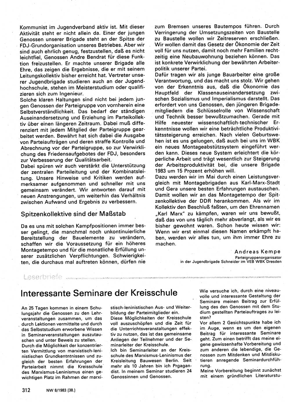 Neuer Weg (NW), Organ des Zentralkomitees (ZK) der SED (Sozialistische Einheitspartei Deutschlands) für Fragen des Parteilebens, 38. Jahrgang [Deutsche Demokratische Republik (DDR)] 1983, Seite 312 (NW ZK SED DDR 1983, S. 312)