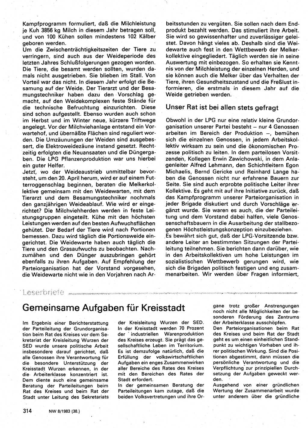 Neuer Weg (NW), Organ des Zentralkomitees (ZK) der SED (Sozialistische Einheitspartei Deutschlands) für Fragen des Parteilebens, 38. Jahrgang [Deutsche Demokratische Republik (DDR)] 1983, Seite 314 (NW ZK SED DDR 1983, S. 314)