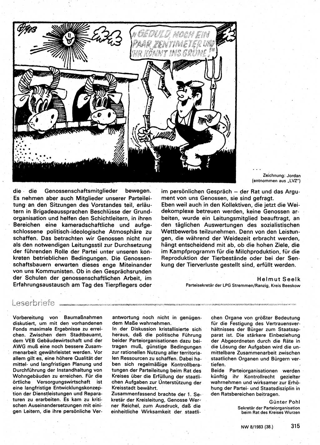 Neuer Weg (NW), Organ des Zentralkomitees (ZK) der SED (Sozialistische Einheitspartei Deutschlands) für Fragen des Parteilebens, 38. Jahrgang [Deutsche Demokratische Republik (DDR)] 1983, Seite 315 (NW ZK SED DDR 1983, S. 315)