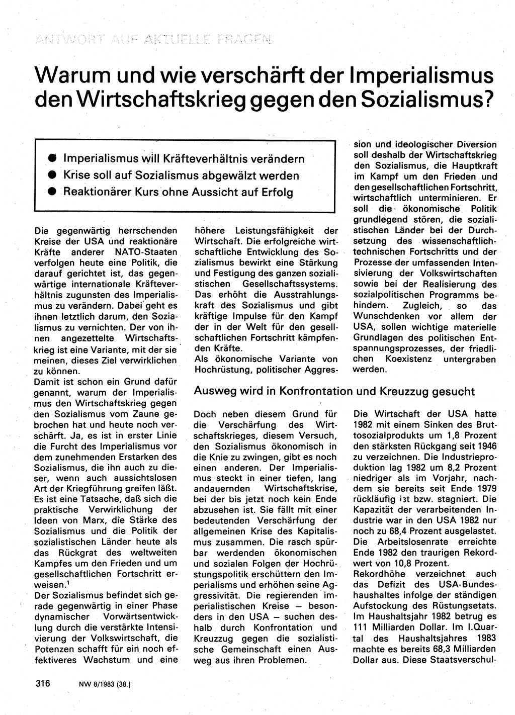 Neuer Weg (NW), Organ des Zentralkomitees (ZK) der SED (Sozialistische Einheitspartei Deutschlands) für Fragen des Parteilebens, 38. Jahrgang [Deutsche Demokratische Republik (DDR)] 1983, Seite 316 (NW ZK SED DDR 1983, S. 316)