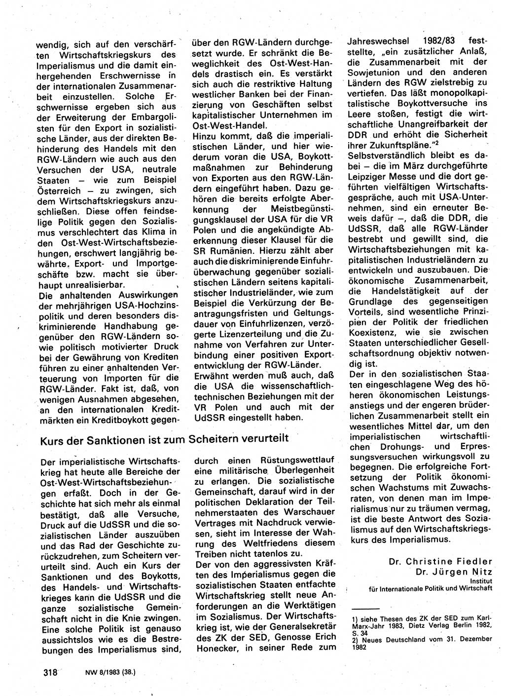 Neuer Weg (NW), Organ des Zentralkomitees (ZK) der SED (Sozialistische Einheitspartei Deutschlands) für Fragen des Parteilebens, 38. Jahrgang [Deutsche Demokratische Republik (DDR)] 1983, Seite 318 (NW ZK SED DDR 1983, S. 318)