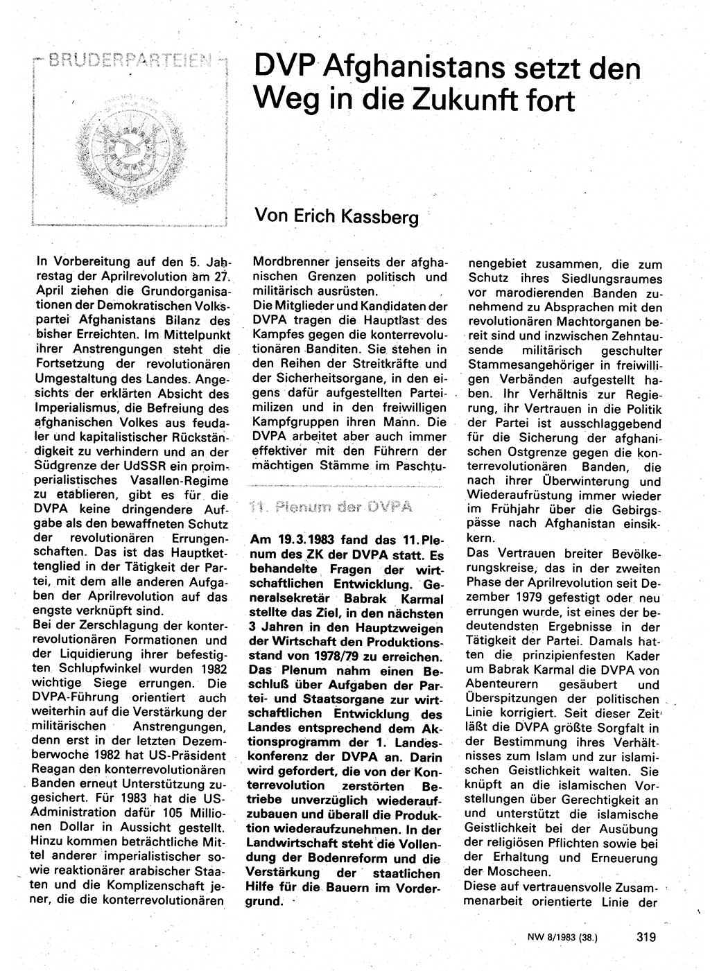 Neuer Weg (NW), Organ des Zentralkomitees (ZK) der SED (Sozialistische Einheitspartei Deutschlands) für Fragen des Parteilebens, 38. Jahrgang [Deutsche Demokratische Republik (DDR)] 1983, Seite 319 (NW ZK SED DDR 1983, S. 319)