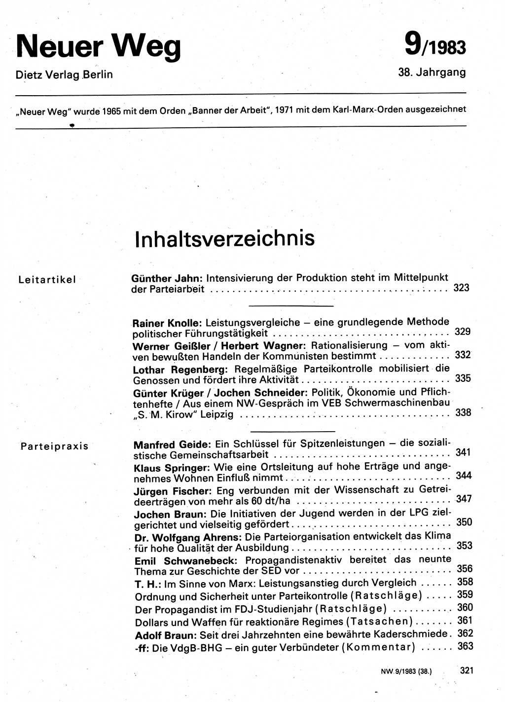 Neuer Weg (NW), Organ des Zentralkomitees (ZK) der SED (Sozialistische Einheitspartei Deutschlands) für Fragen des Parteilebens, 38. Jahrgang [Deutsche Demokratische Republik (DDR)] 1983, Seite 321 (NW ZK SED DDR 1983, S. 321)