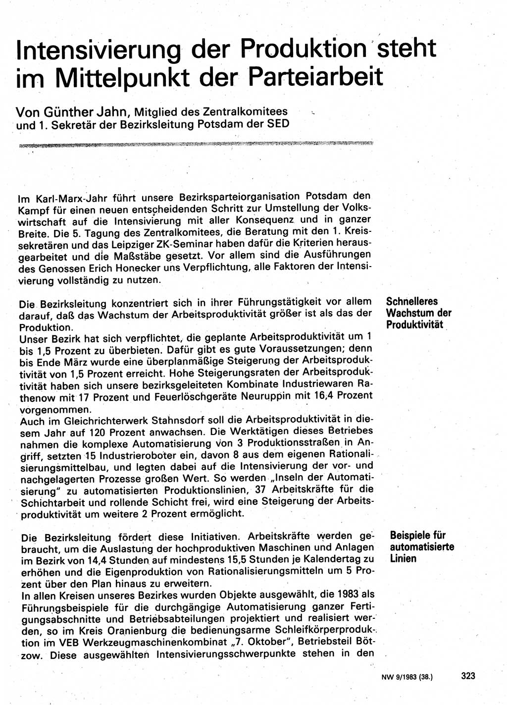 Neuer Weg (NW), Organ des Zentralkomitees (ZK) der SED (Sozialistische Einheitspartei Deutschlands) für Fragen des Parteilebens, 38. Jahrgang [Deutsche Demokratische Republik (DDR)] 1983, Seite 323 (NW ZK SED DDR 1983, S. 323)