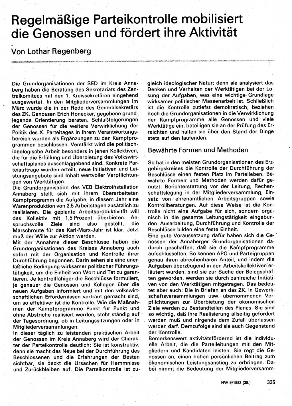 Neuer Weg (NW), Organ des Zentralkomitees (ZK) der SED (Sozialistische Einheitspartei Deutschlands) für Fragen des Parteilebens, 38. Jahrgang [Deutsche Demokratische Republik (DDR)] 1983, Seite 335 (NW ZK SED DDR 1983, S. 335)