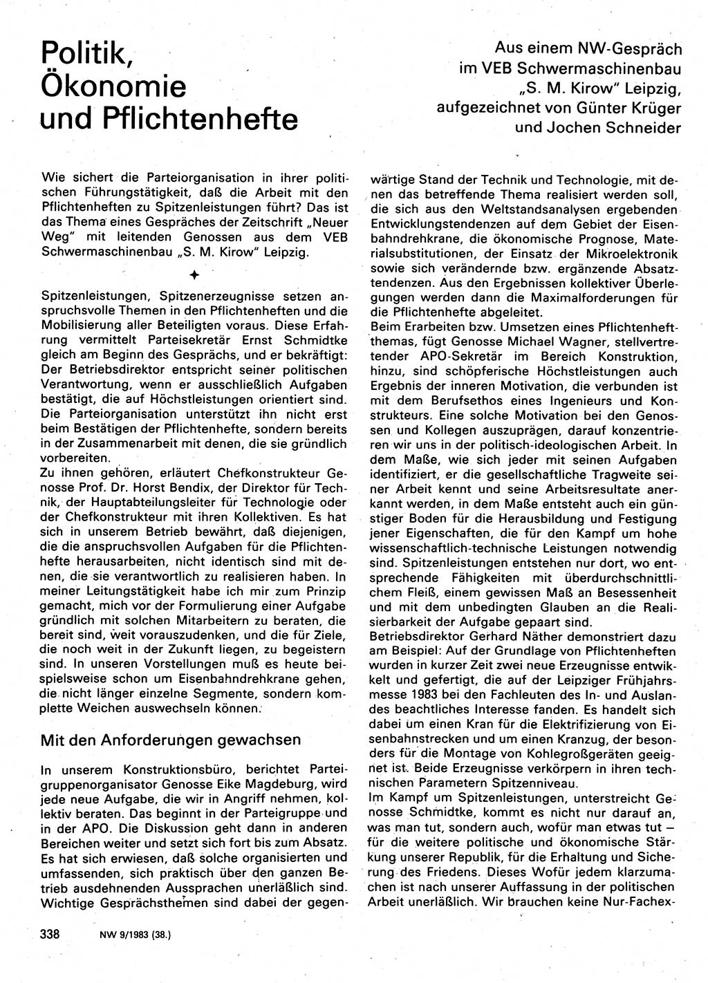 Neuer Weg (NW), Organ des Zentralkomitees (ZK) der SED (Sozialistische Einheitspartei Deutschlands) für Fragen des Parteilebens, 38. Jahrgang [Deutsche Demokratische Republik (DDR)] 1983, Seite 338 (NW ZK SED DDR 1983, S. 338)