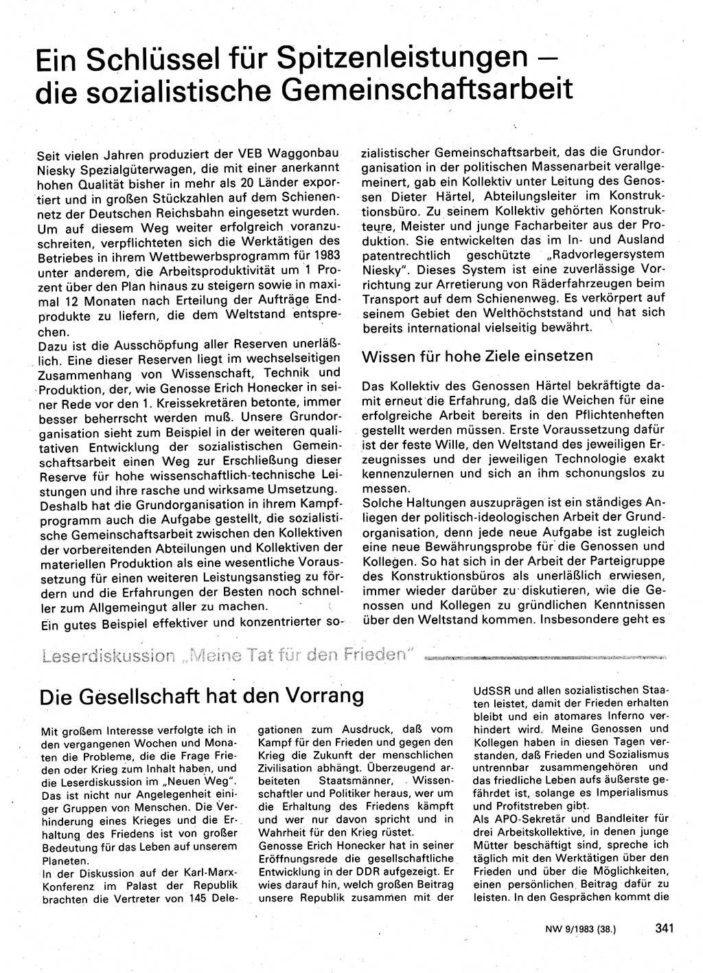 Neuer Weg (NW), Organ des Zentralkomitees (ZK) der SED (Sozialistische Einheitspartei Deutschlands) für Fragen des Parteilebens, 38. Jahrgang [Deutsche Demokratische Republik (DDR)] 1983, Seite 341 (NW ZK SED DDR 1983, S. 341)