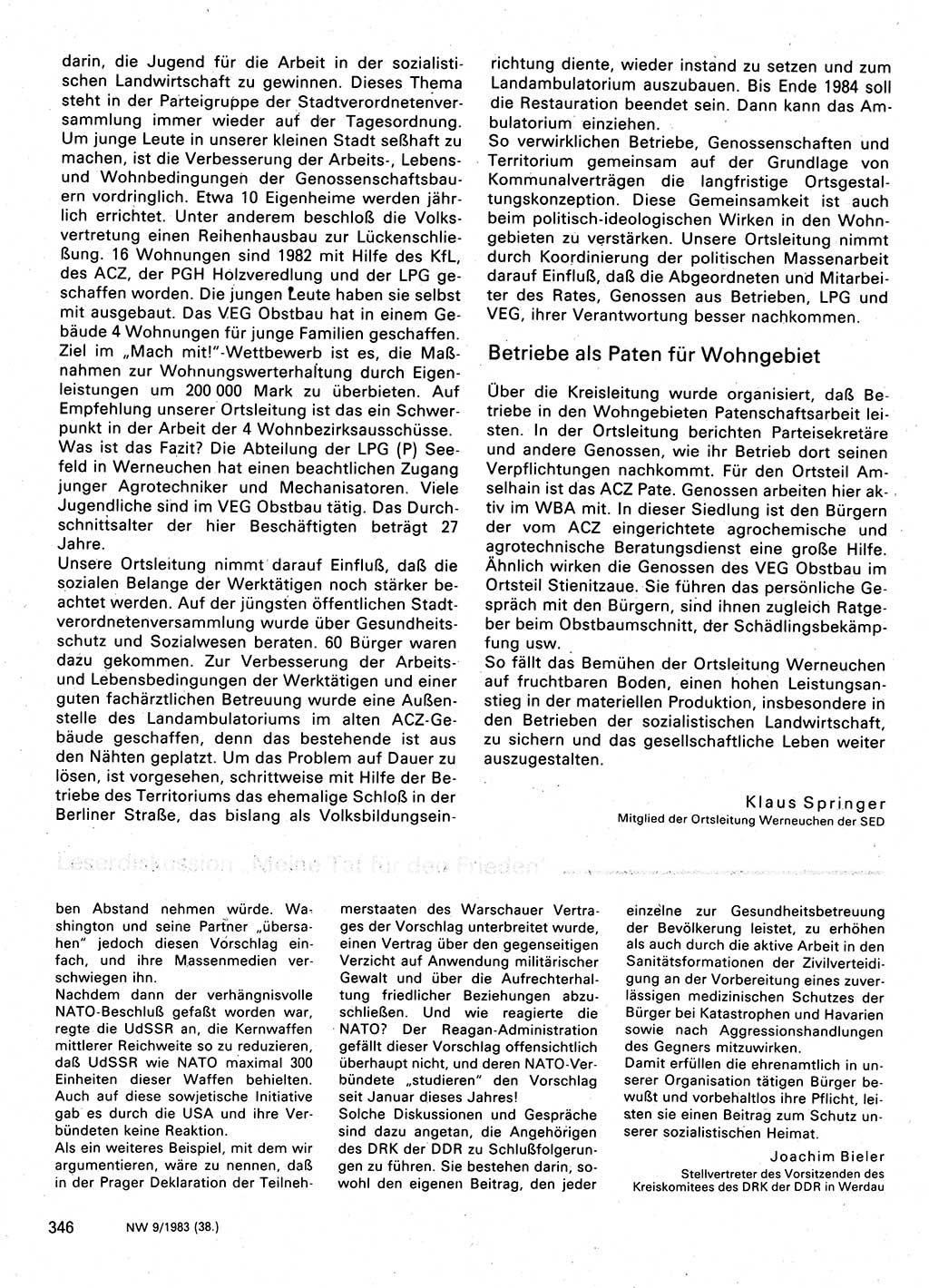 Neuer Weg (NW), Organ des Zentralkomitees (ZK) der SED (Sozialistische Einheitspartei Deutschlands) fÃ¼r Fragen des Parteilebens, 38. Jahrgang [Deutsche Demokratische Republik (DDR)] 1983, Seite 346 (NW ZK SED DDR 1983, S. 346)